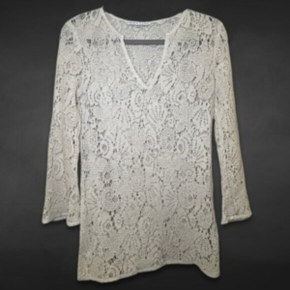 Trina Turk Swim Cover Shirt Intricate Lace Fabric V-Neckline Long Sleeve White M - Picture 1 of 9